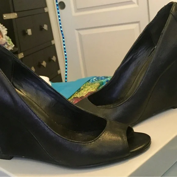 Fergie Black Peep-Toe Wedges - Picture 2 of 7